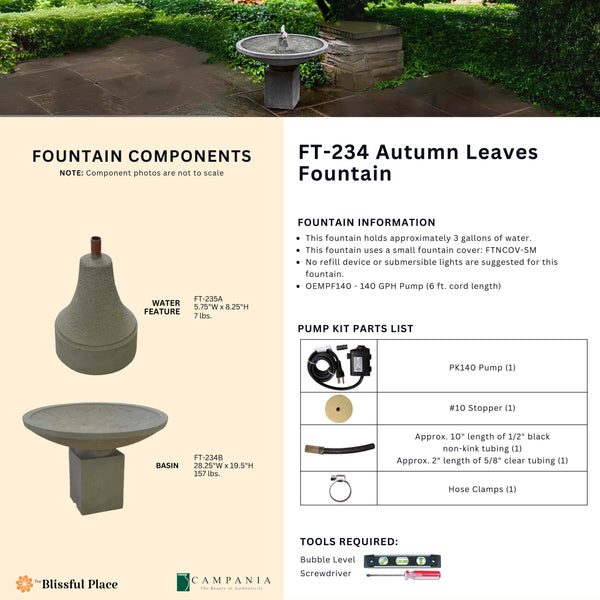 Complete overview of the Autumn Leaves Fountain with dimensions, weights, pump kit parts, tools, and general info.