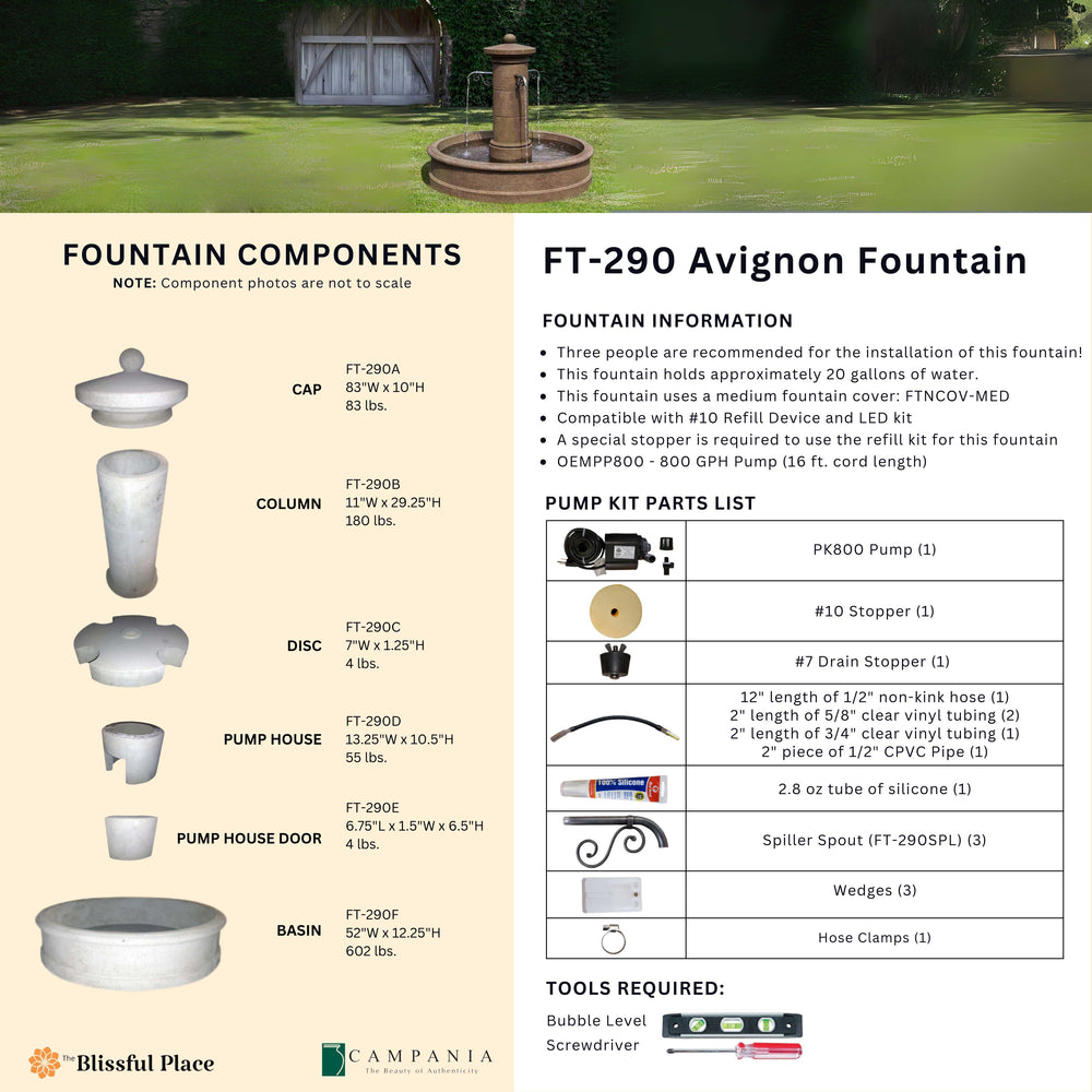 Complete overview of the Avignon Fountain with dimensions, weights, pump kit parts, tools, and general info.
