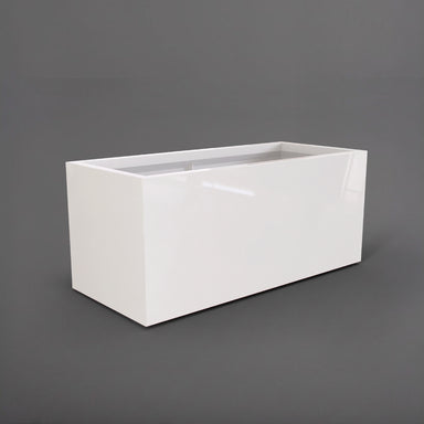 Badalona Rectangle Fiberglass Planter in gloss bright white against gray background.