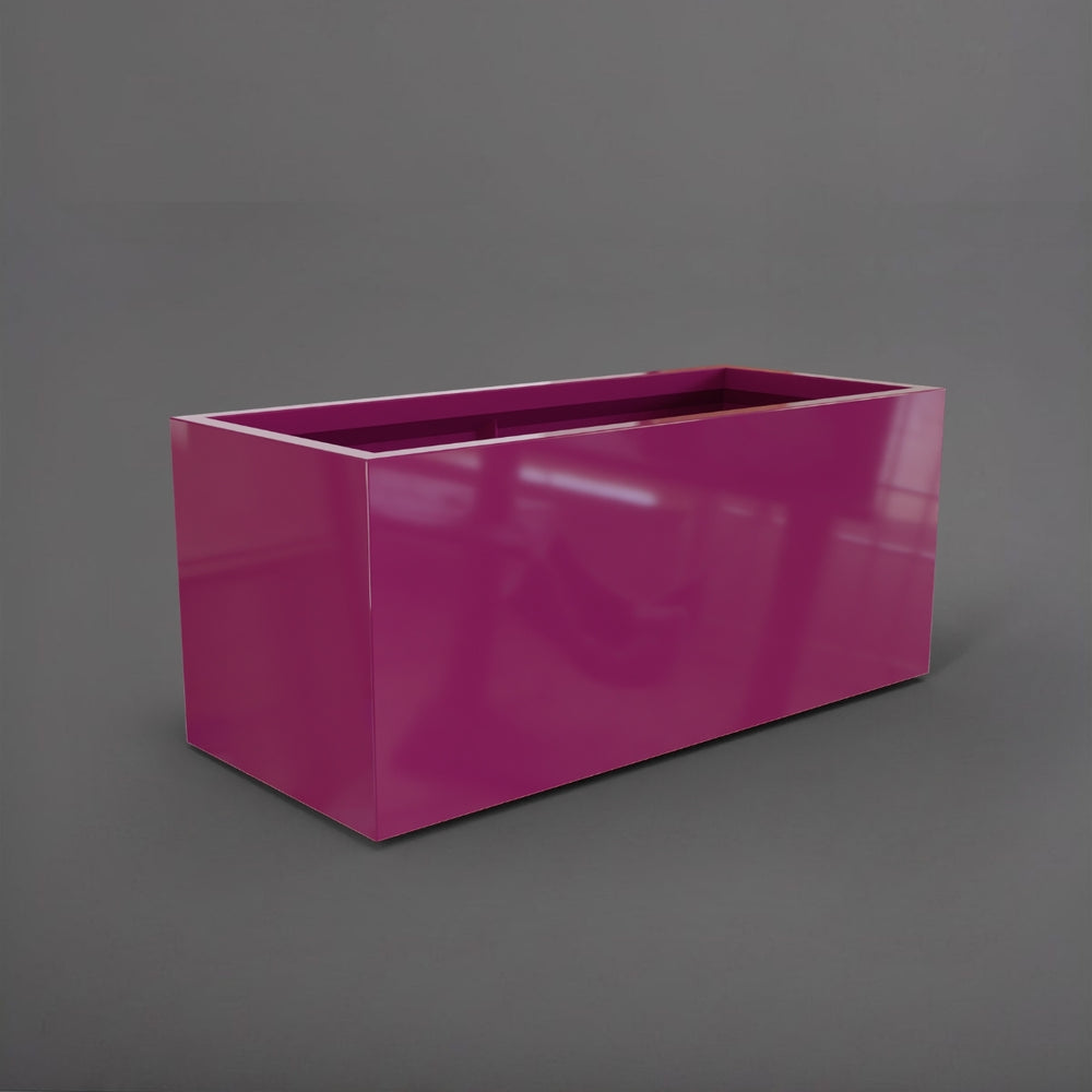 Badalona Rectangle Fiberglass Planter in gloss eggplant against gray background.