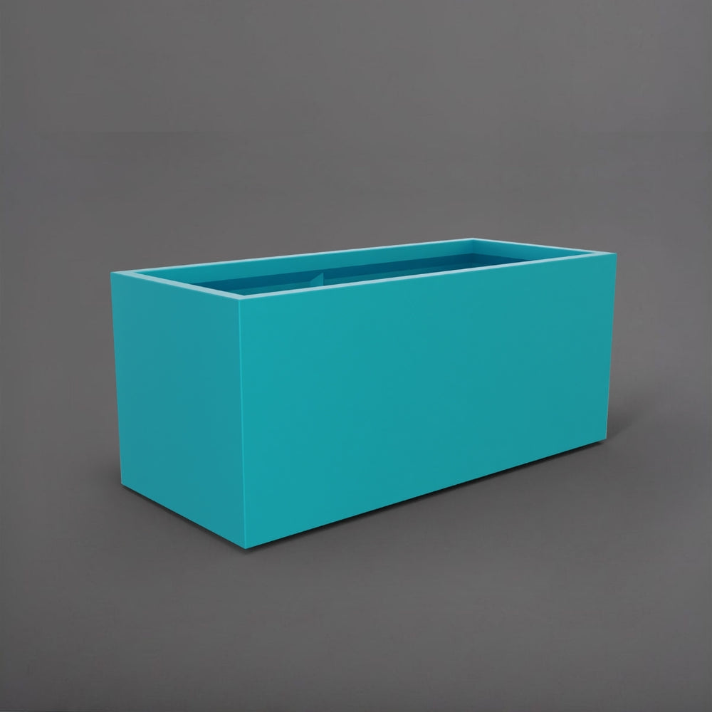 Badalona Rectangle Fiberglass Planter in satin seafoam grenn against gray background.