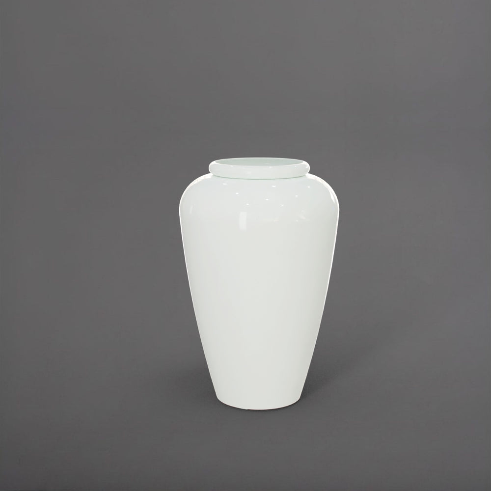 Bara Jar Tall Tapered Fiberglass Planter in gloss bright white against gray background.