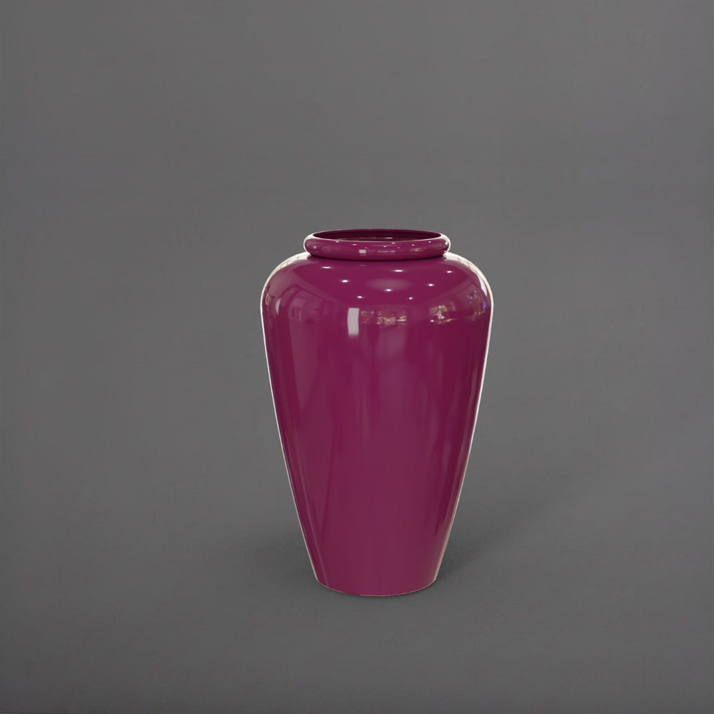 Bara Jar Tall Tapered Fiberglass Planter in gloss eggplant against gray background.