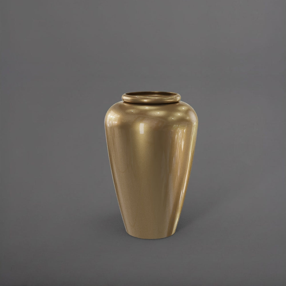 Bara Jar Tall Tapered Fiberglass Planter in gloss metallic gold against gray background.