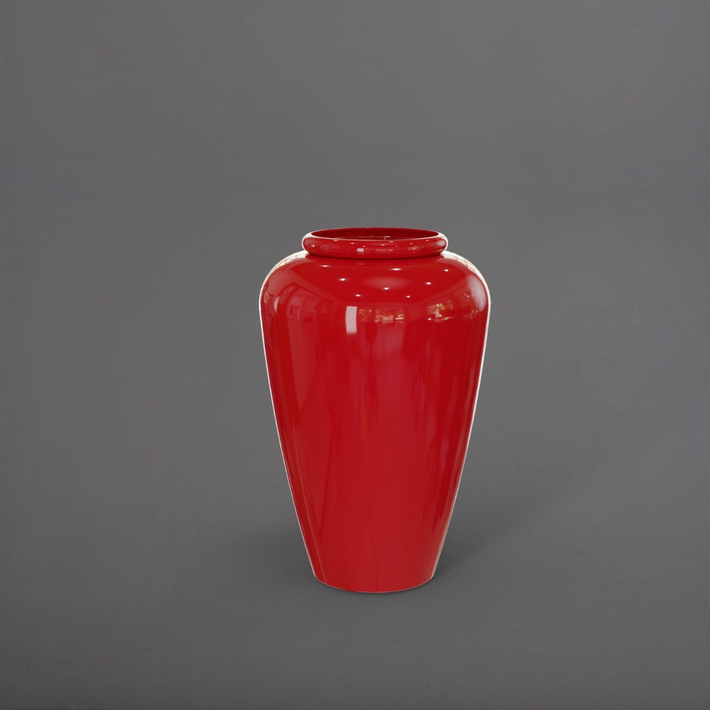 Bara Jar Tall Tapered Fiberglass Planter in gloss red against gray background.