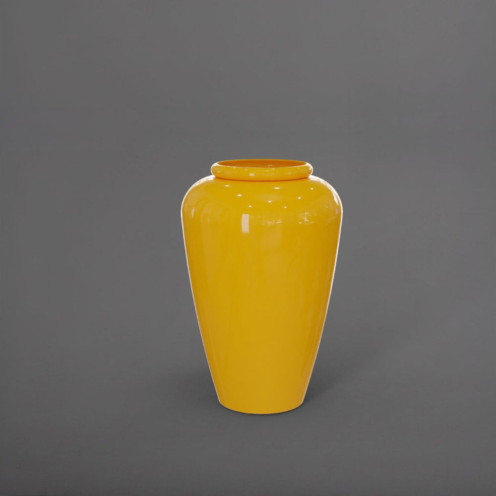Bara Jar Tall Tapered Fiberglass Planter in gloss saffron against gray background.
