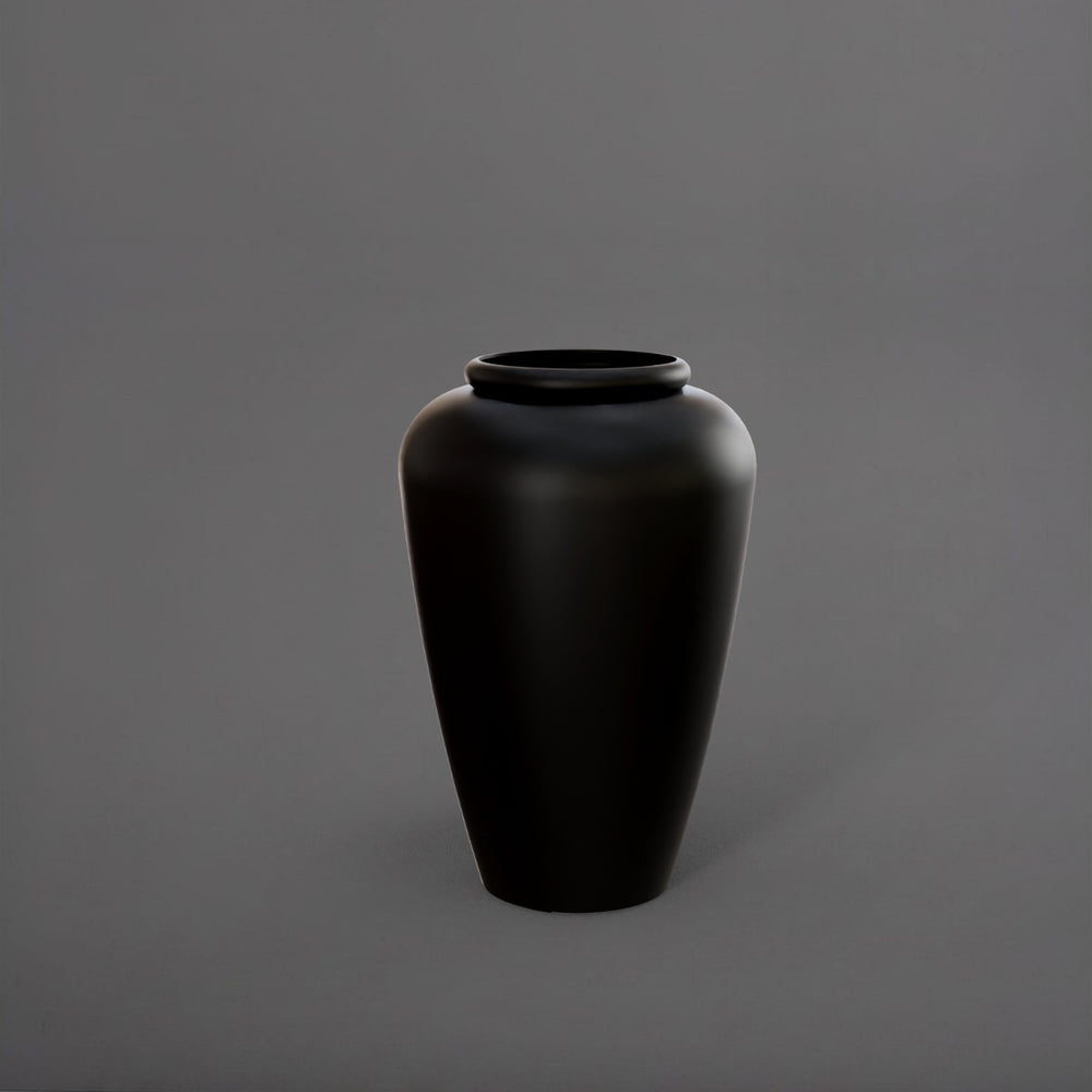 Bara Jar Tall Tapered Fiberglass Planter in matte black against gray background.