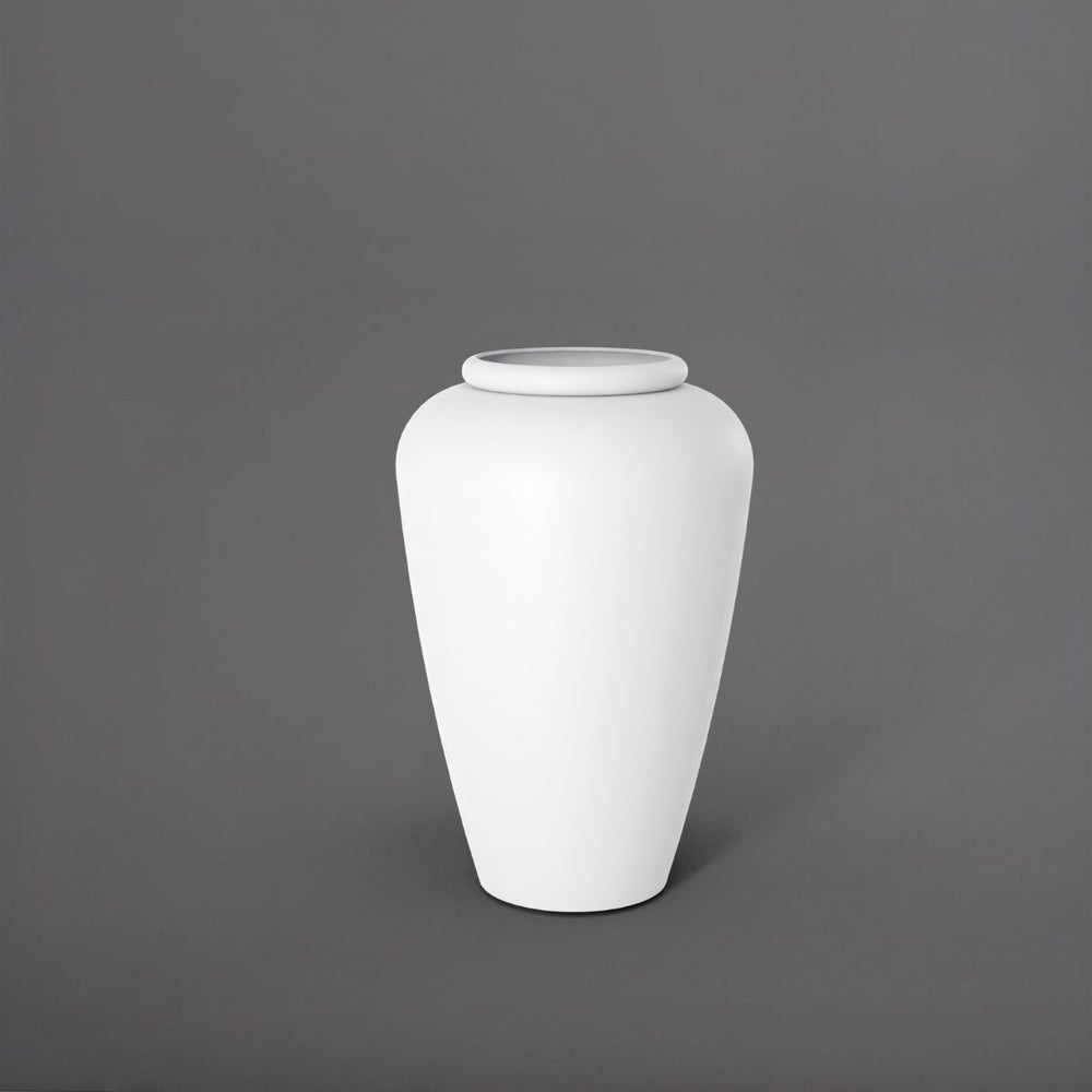 Bara Jar Tall Tapered Fiberglass Planter in matte bright white against gray background.