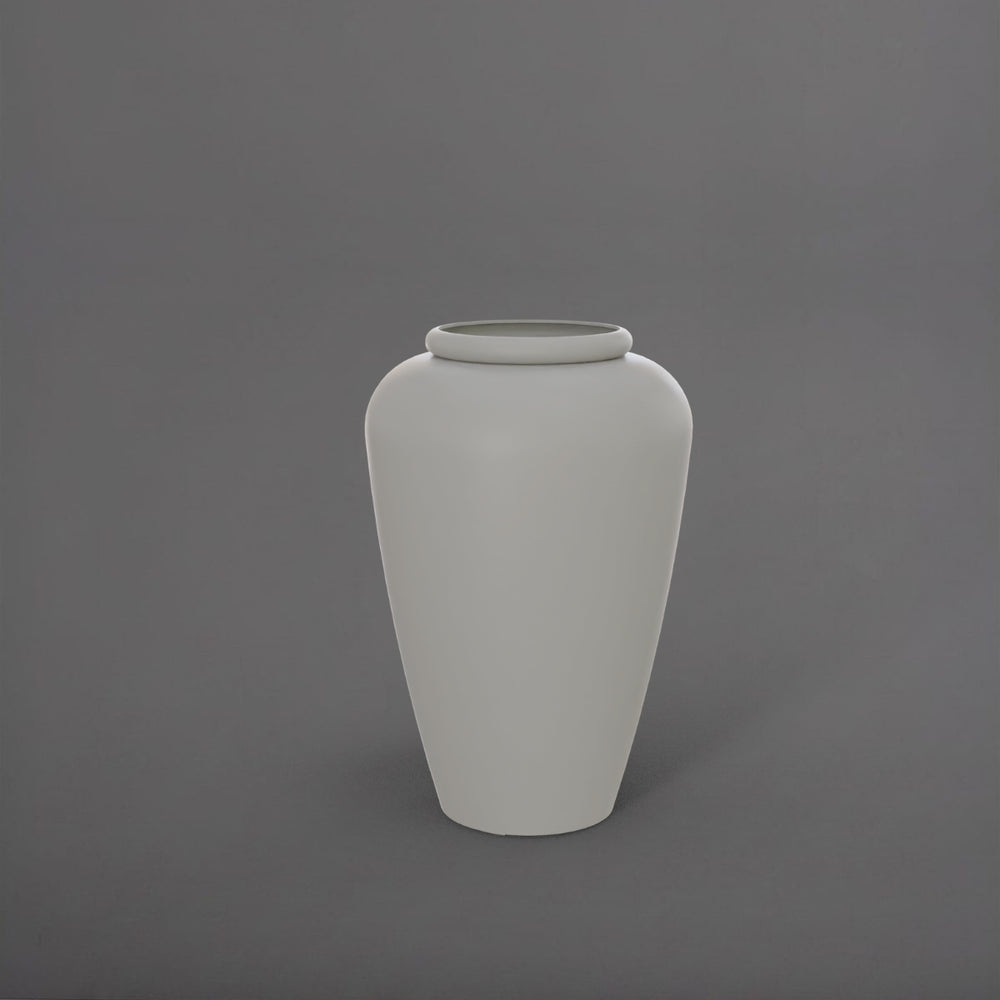 Bara Jar Tall Tapered Fiberglass Planter in matte cement grey against gray background.