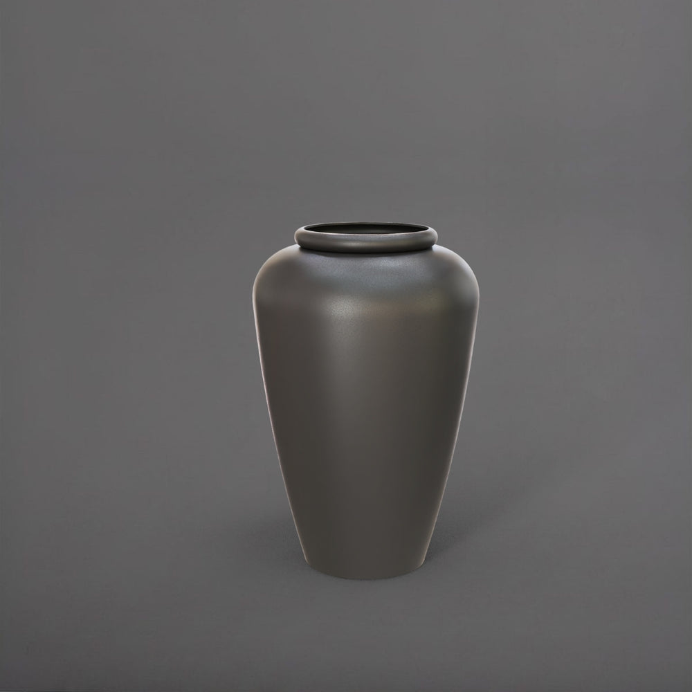 Bara Jar Tall Tapered Fiberglass Planter in matte gunmetal against gray background.