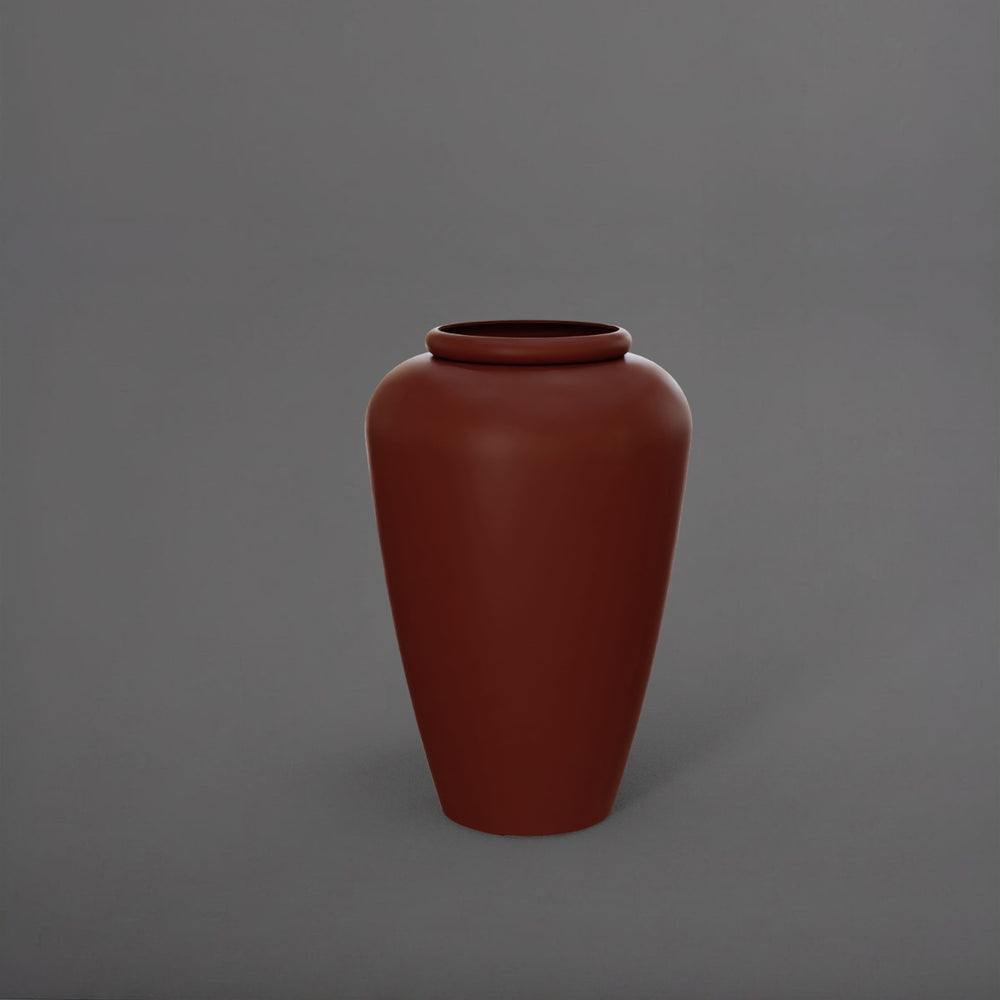 Bara Jar Tall Tapered Fiberglass Planter in matte terra cotta against gray background.