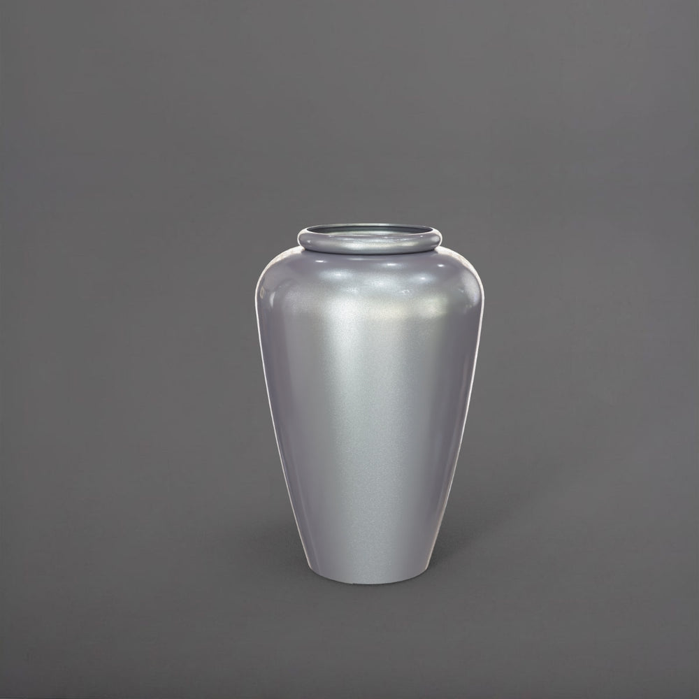 Bara Jar Tall Tapered Fiberglass Planter in metallic silver against gray background.