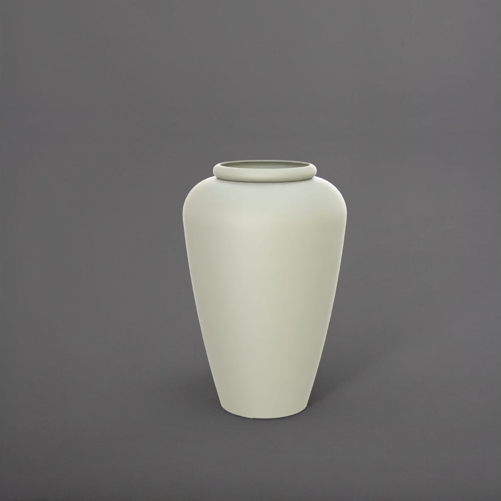Bara Jar Tall Tapered Fiberglass Planter in satin beige against gray background.