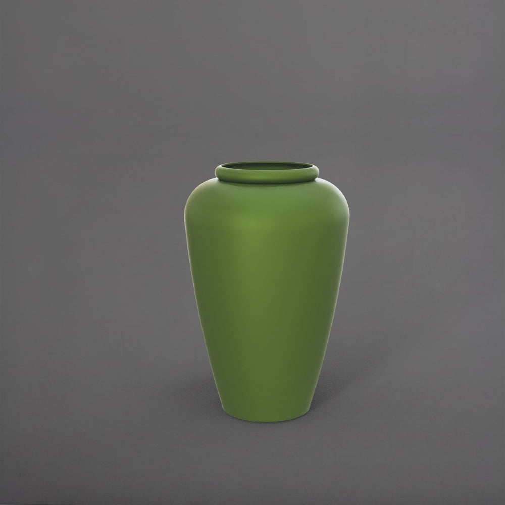 Bara Jar Tall Tapered Fiberglass Planter in satin green against gray background.