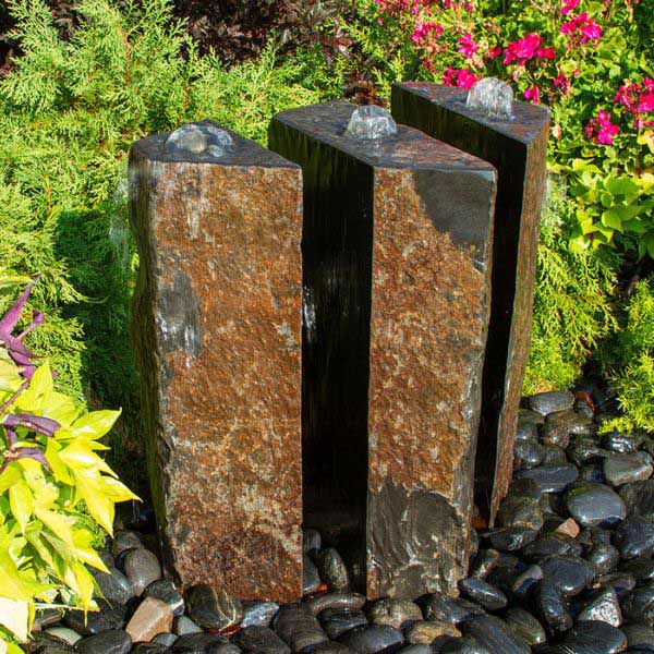 Basalt Fountain Kit 36 triple split polished 3 pieced in action in the backyard