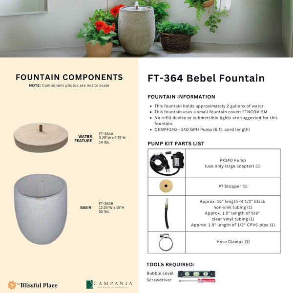 Complete overview of the Bebel Fountain with dimensions, weights, pump kit parts, tools, and general info.
