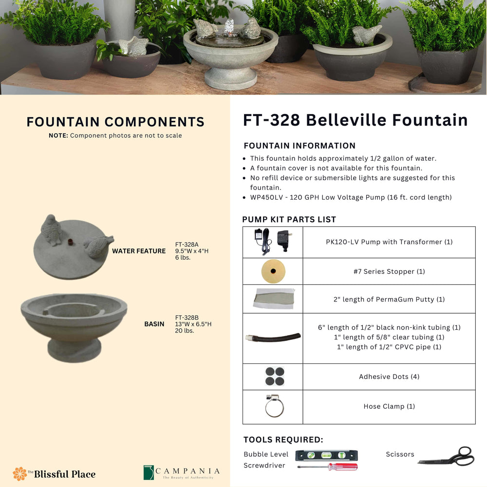 Complete overview of the Belleville Fountain with dimensions, weights, pump kit parts, tools, and general info.