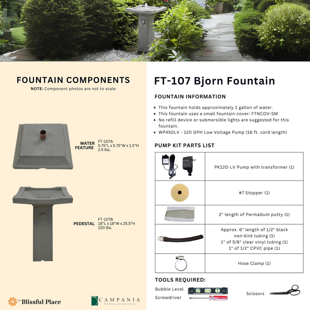 Complete overview of the Bjorn Fountain with dimensions, weights, pump kit parts, tools, and general info.
