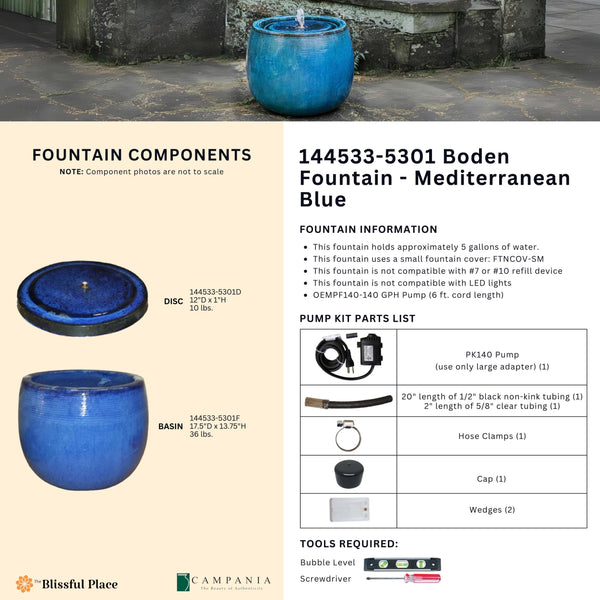 Complete overview of the Boden Fountain - Mediterranean Blue with dimensions, weights, pump kit parts, tools, and general info.