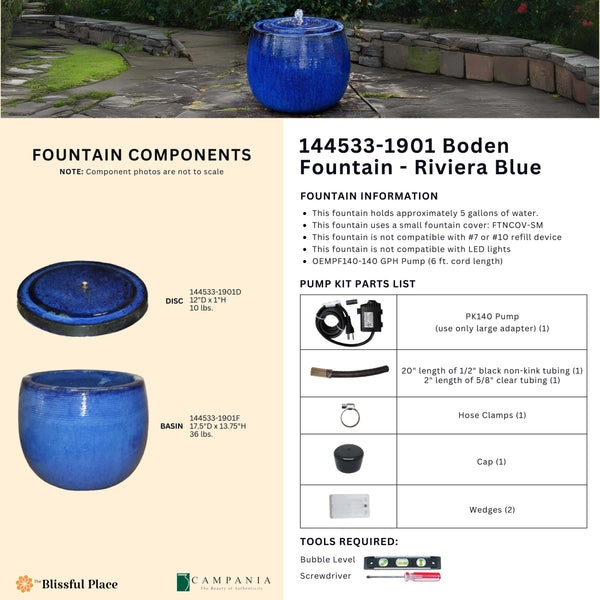 Complete overview of the Boden Fountain - Riviera Blue with dimensions, weights, pump kit parts, tools, and general info.