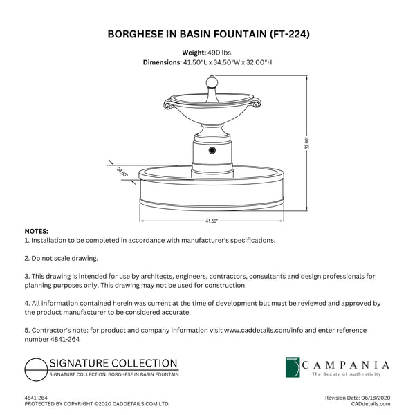 CAD drawing of the Borghese Fountain in Basin Fountain with dimensions, weight, and manufacturer notes.