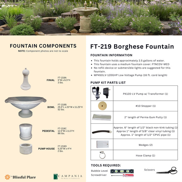 Complete overview of the Borghese Fountain with dimensions, weights, pump kit parts, tools, and general info.