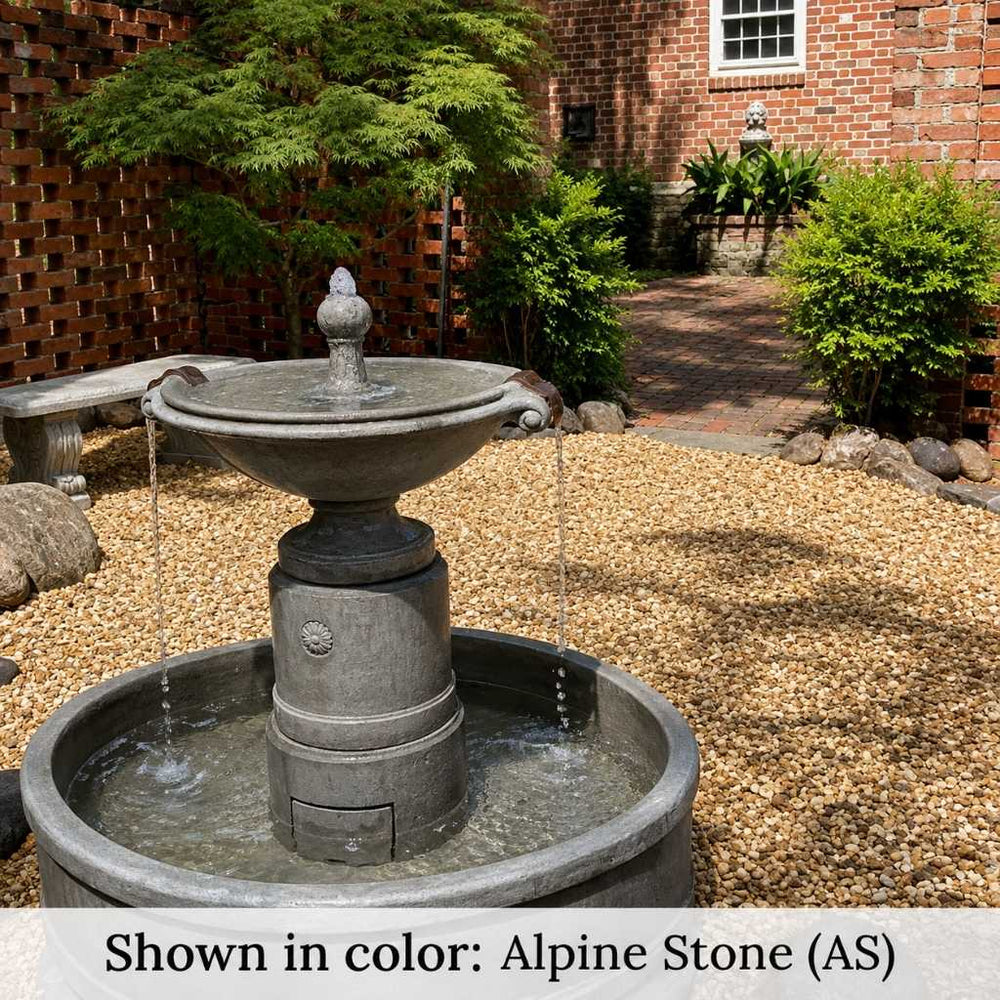 Borghese in Basin Fountain on gravel in the backyard upclose