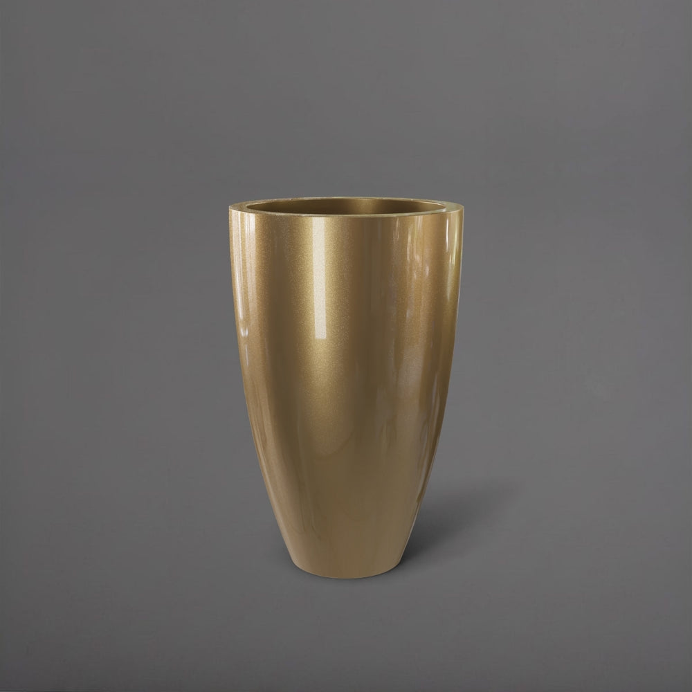 Brannan Tapered Round Fiberglass Planter in gloss metallic gold against gray background.