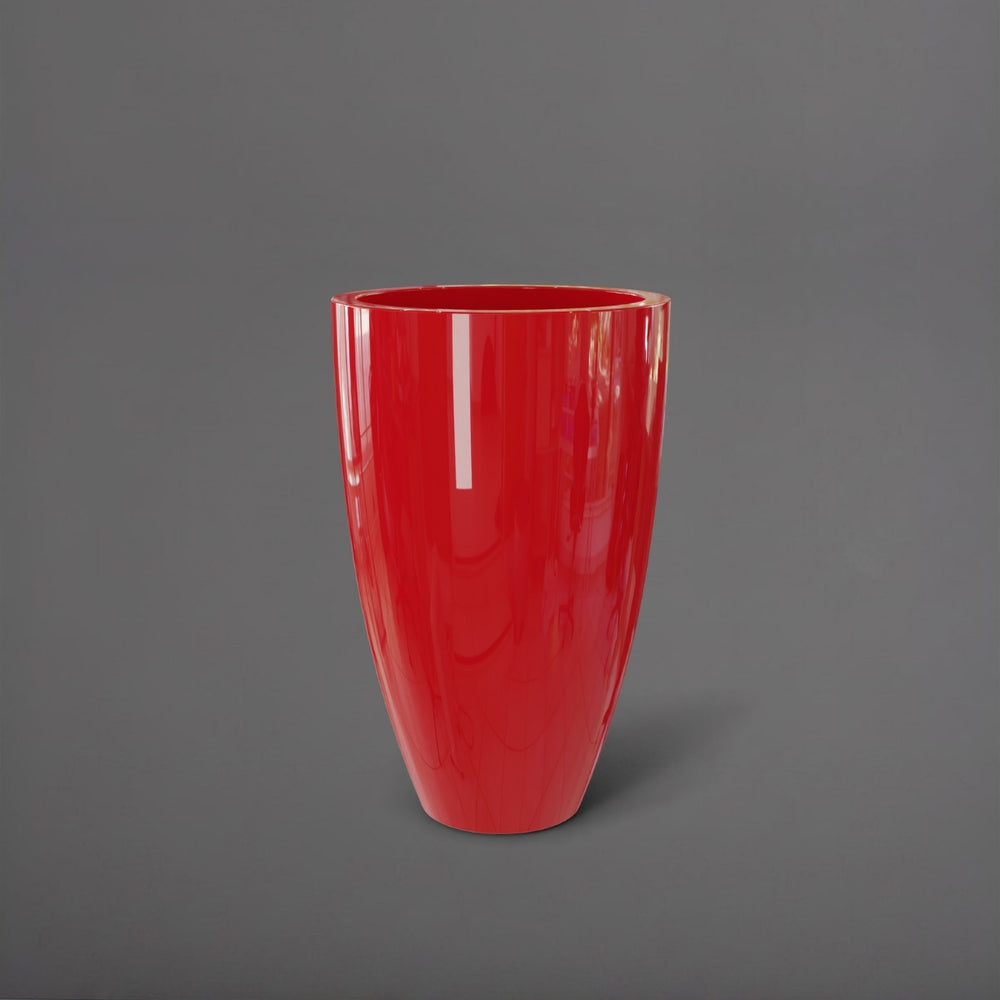 Brannan Tapered Round Fiberglass Planter in gloss red against gray background.