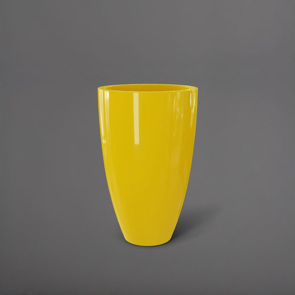 Brannan Tapered Round Fiberglass Planter in gloss saffron against gray background.