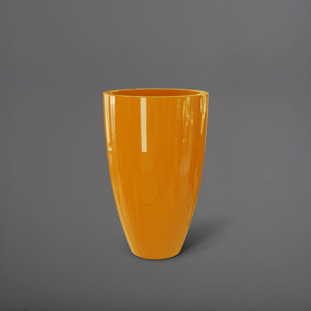 Brannan Tapered Round Fiberglass Planter in gloss tangerine against gray background.