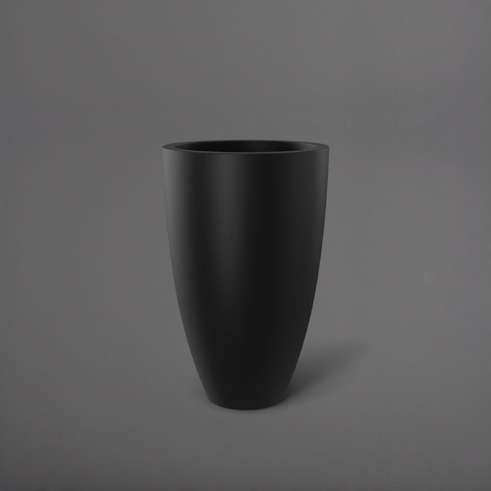 Brannan Tapered Round Fiberglass Planter in matte black against gray background.