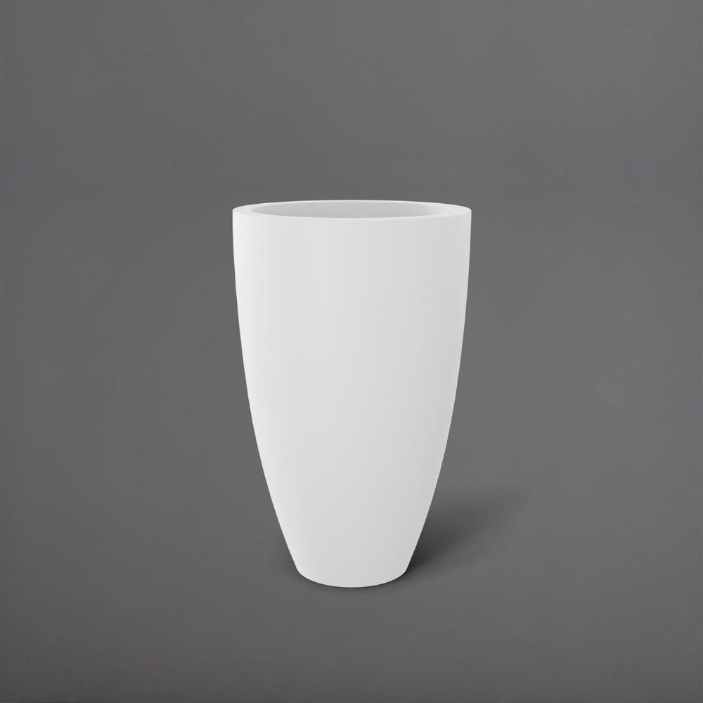 Brannan Tapered Round Fiberglass Planter in matte bright white against gray background.
