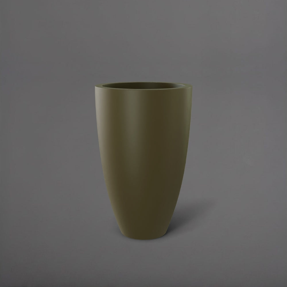 Brannan Tapered Round Fiberglass Planter in matte bronze against gray background.