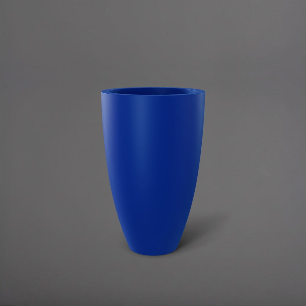 Brannan Tapered Round Fiberglass Planter in matte cobalt blue against gray background.