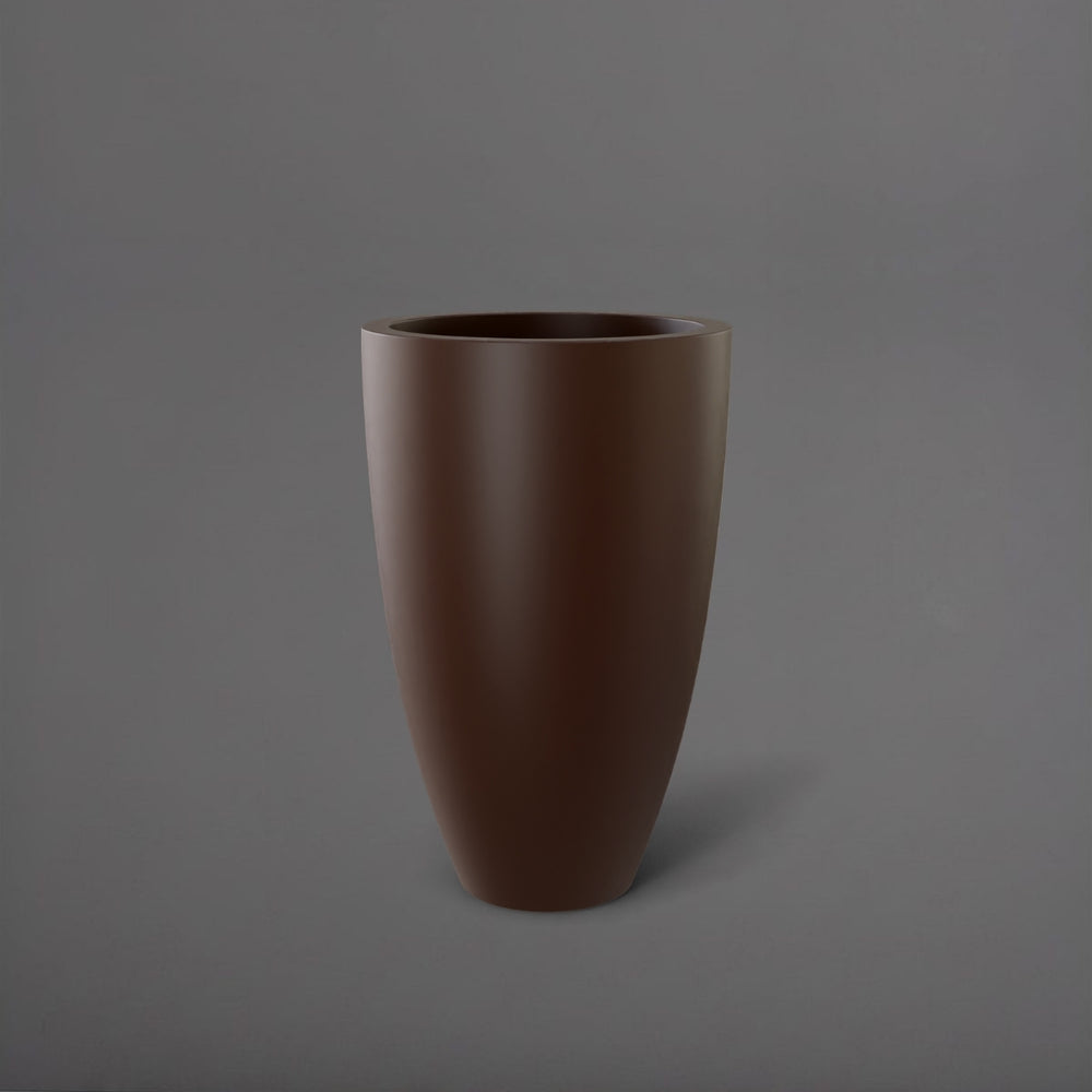 Brannan Tapered Round Fiberglass Planter in matte dark brown against gray background.