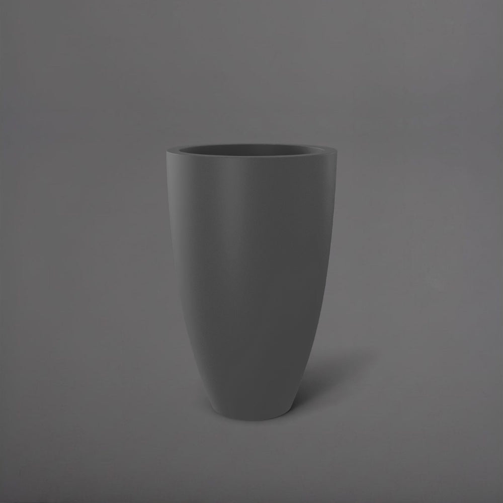 Brannan Tapered Round Fiberglass Planter in matte gunmetal against gray background.