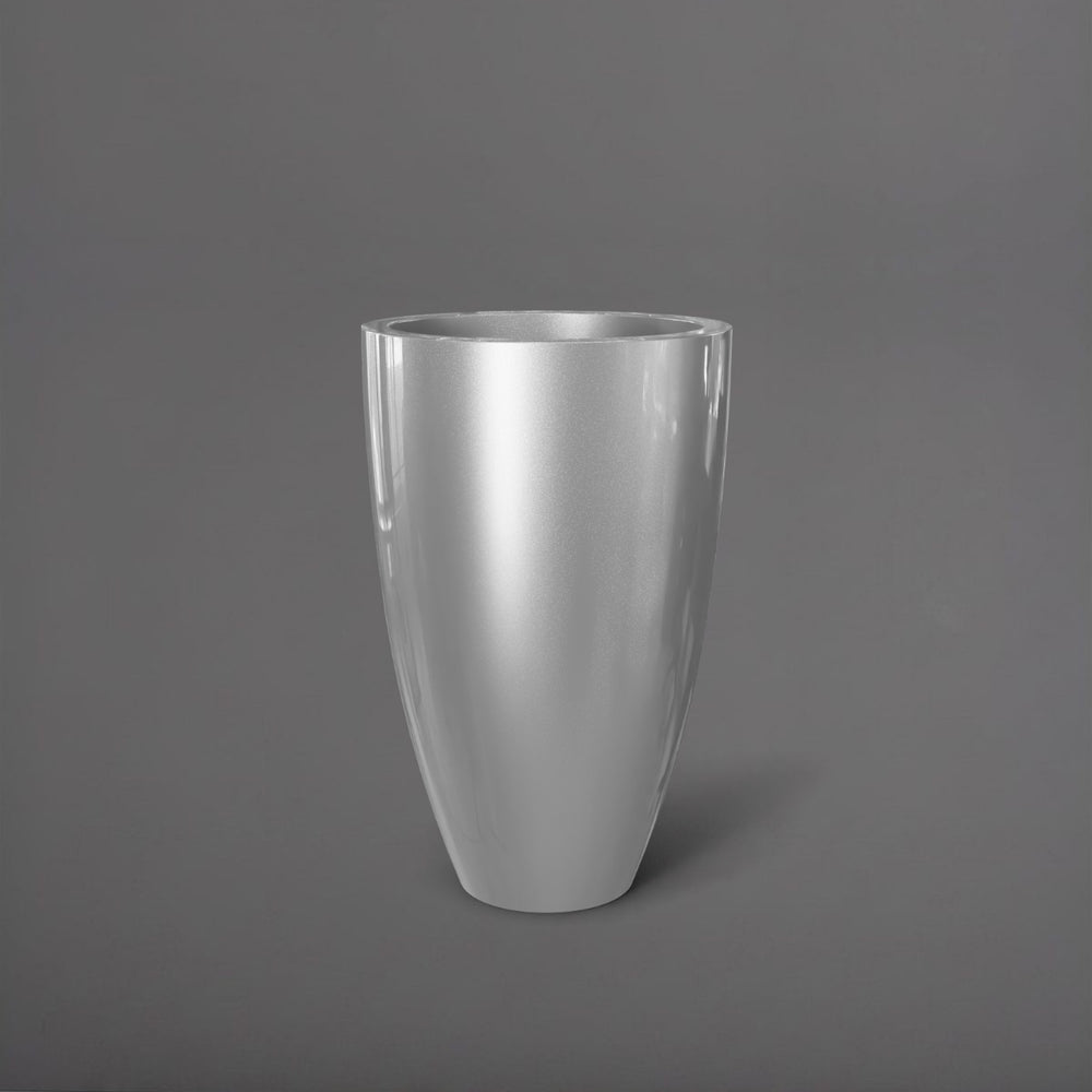 Brannan Tapered Round Fiberglass Planter in metallic silver against gray background.