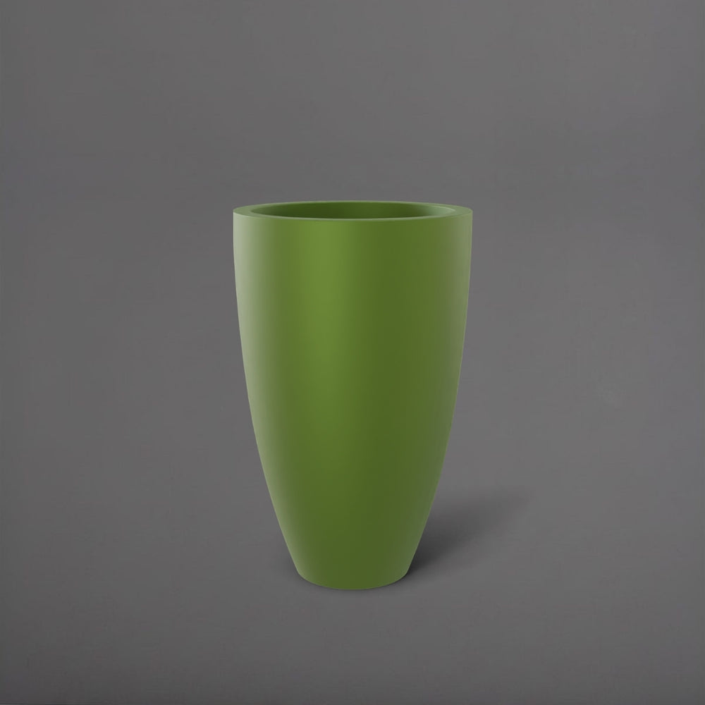 Brannan Tapered Round Fiberglass Planter in satin green against gray background.