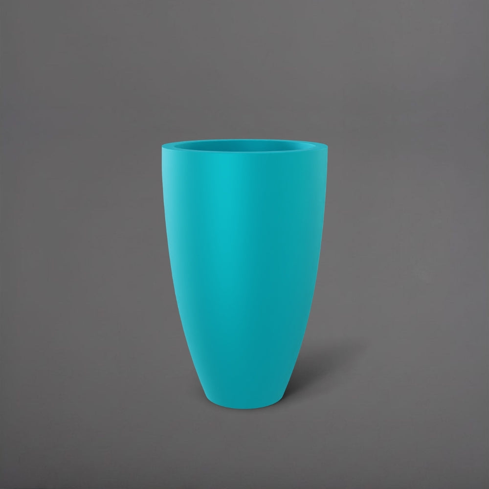 Brannan Tapered Round Fiberglass Planter in satin seafoam green against gray background.