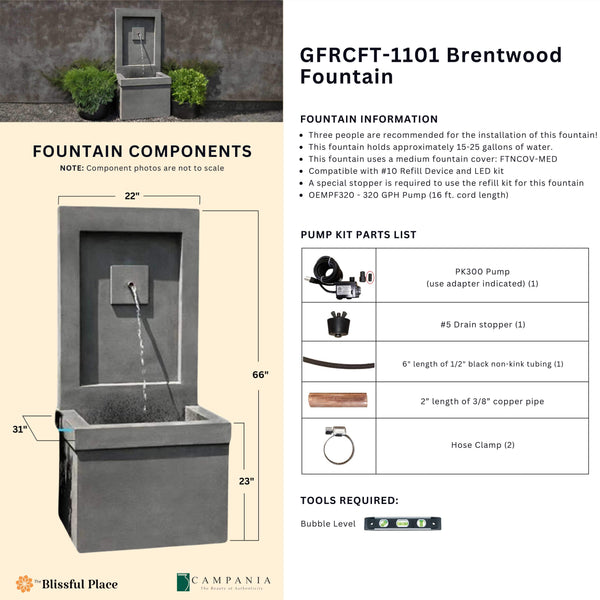 Complete overview of the Brentwood Fountain with dimensions, weights, pump kit parts, tools, and general info.
