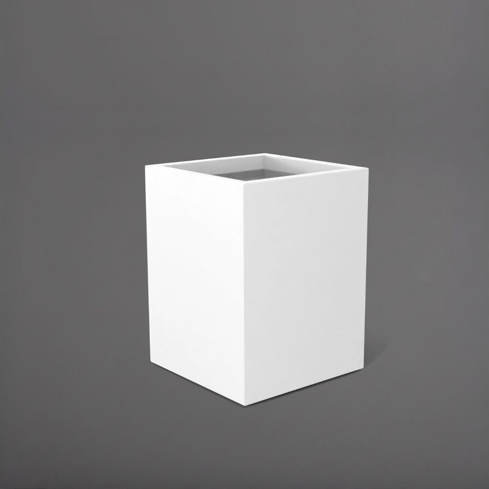 Brisane Tall Corner Fiberglass Planter in matte bright white against gray background.