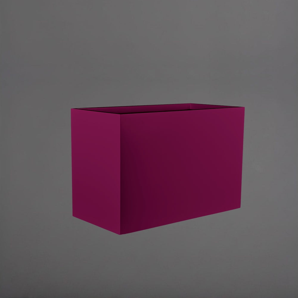 Brisbane Wide Rectangle Fiberglass Planter in gloss eggplant against gray background.