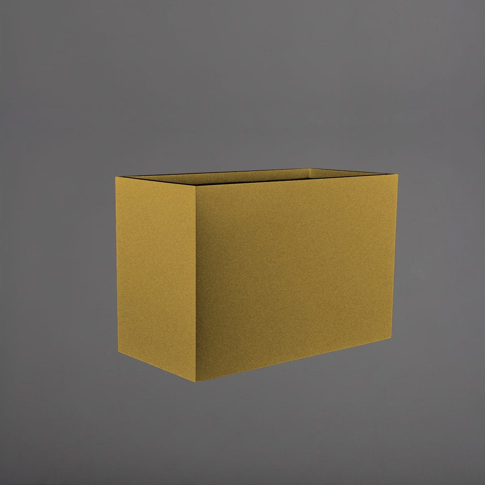 Brisbane Wide Rectangle Fiberglass Planter in gloss metallic gold against gray background.