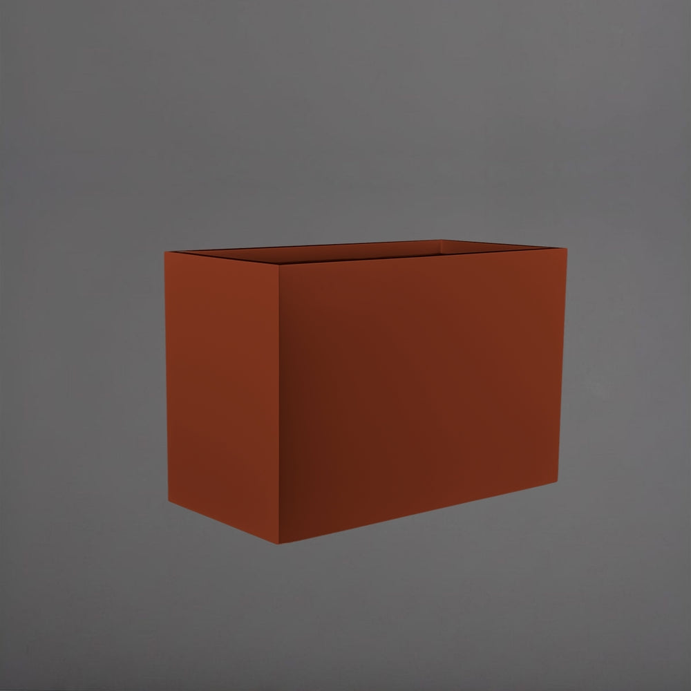 Brisbane Wide Rectangle Fiberglass Planter in matte terra cotta against gray background.