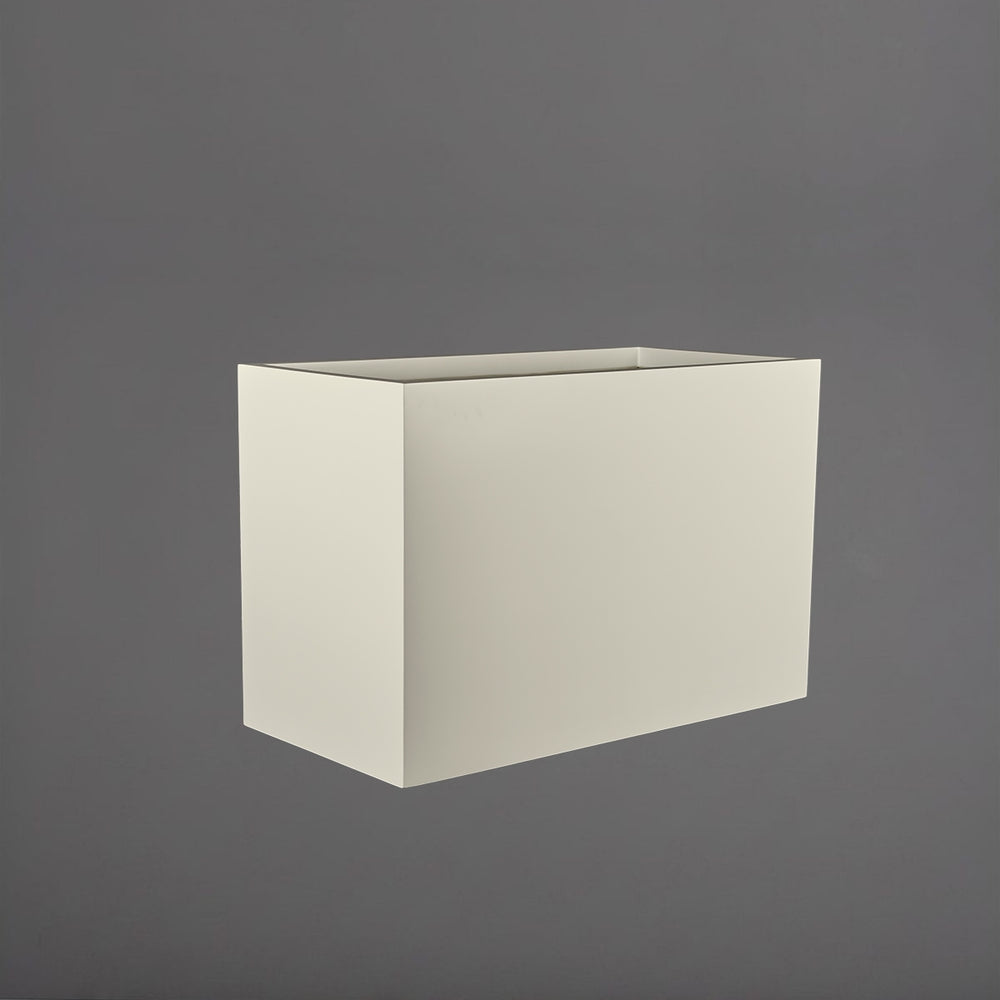 Brisbane Wide Rectangle Fiberglass Planter in satin beige against gray background.