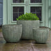 Bromley Planter, Medium - Verdigris Lite on concrete filled with plants