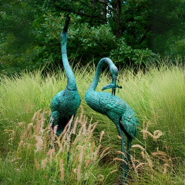 Bronze Crane Fountain Sculpture pair in the backyard