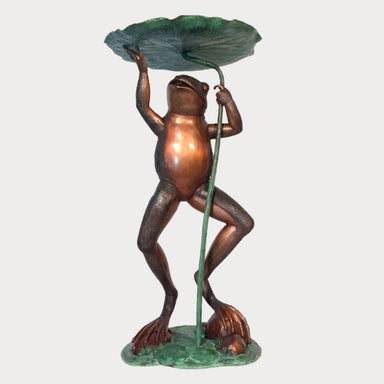 Bronze Frog Holding Lily pad fountain against gray background