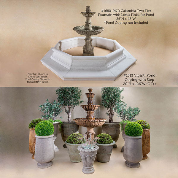 Calanthia Two Tier Fountain with Lotus Finial for pond in action.